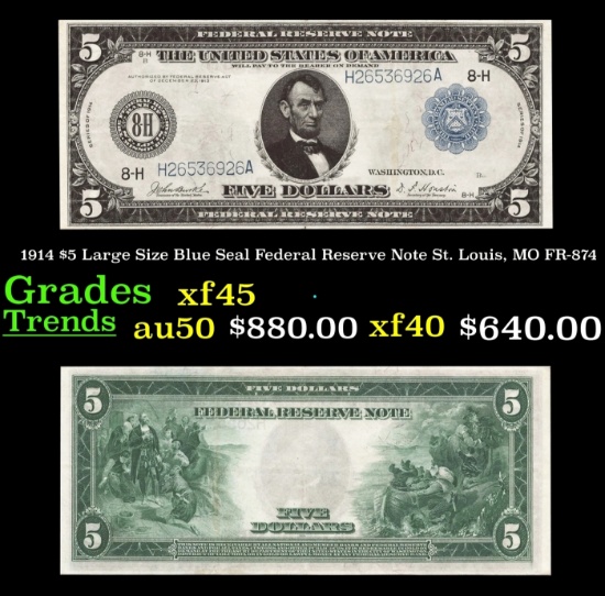 1914 $5 Large Size Blue Seal Federal Reserve Note St. Louis, MO Grades xf+ FR-874