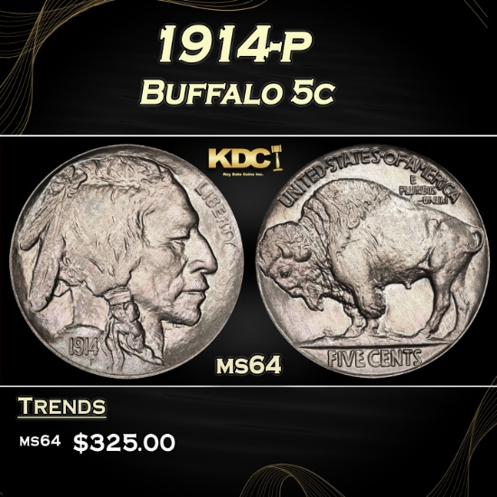 1914-p Buffalo Nickel 5c Grades ms64