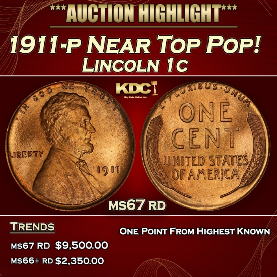 1911-p Lincoln Cent Near Top Pop! 1c ms67 rd SEGS