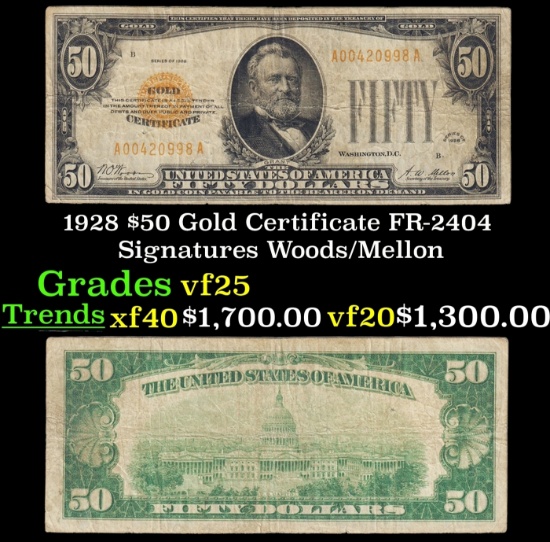 1928 $50 Gold Certificate FR-2404 Signatures Woods/Mellon Grades vf+