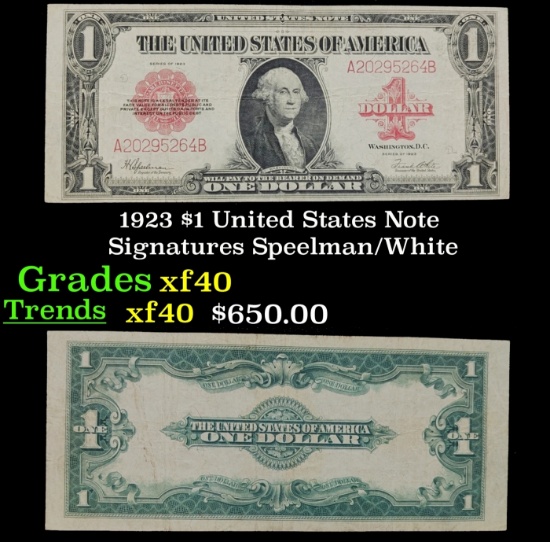 1923 $1 United States Note Grades xf Signatures Speelman/White