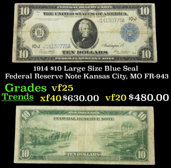 1914 $10 Large Size Blue Seal Federal Reserve Note Kansas City, MO Grades vf+ FR-943