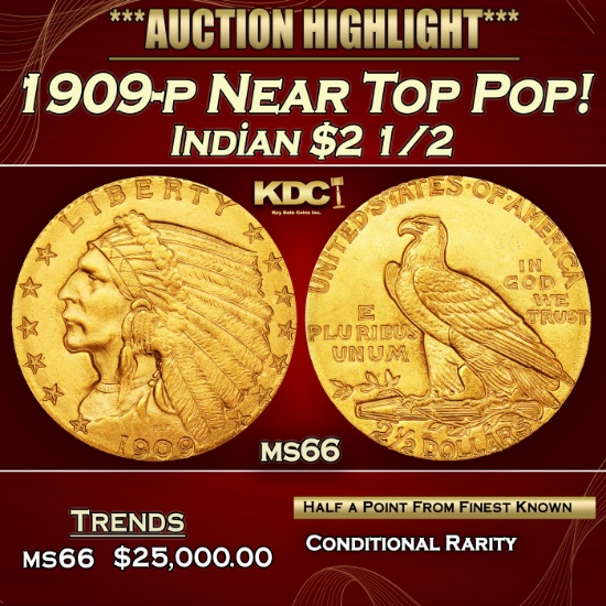 1909-p Gold Indian Quarter Eagle Near Top Pop! $2 1/2 ms66 USCG