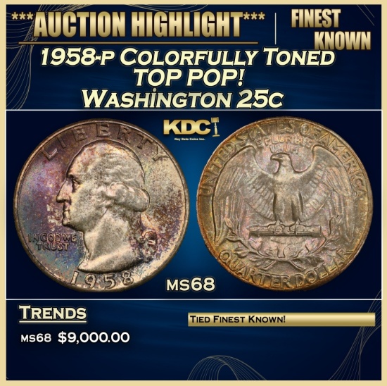 1958-p Washington Quarter Colorfully Toned TOP POP! 25c ms68 SEGS