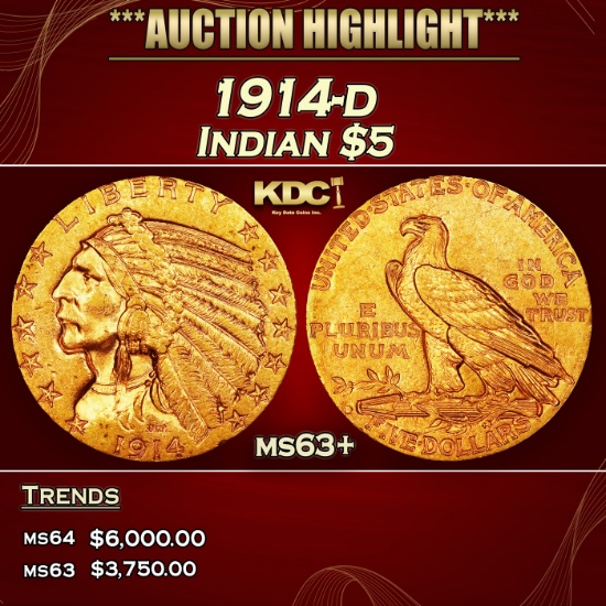 1914-d Gold Indian Half Eagle $5 ms63+ USCG