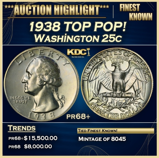 1938 Proof Washington Quarter TOP POP! 25c pr68+ SEGS