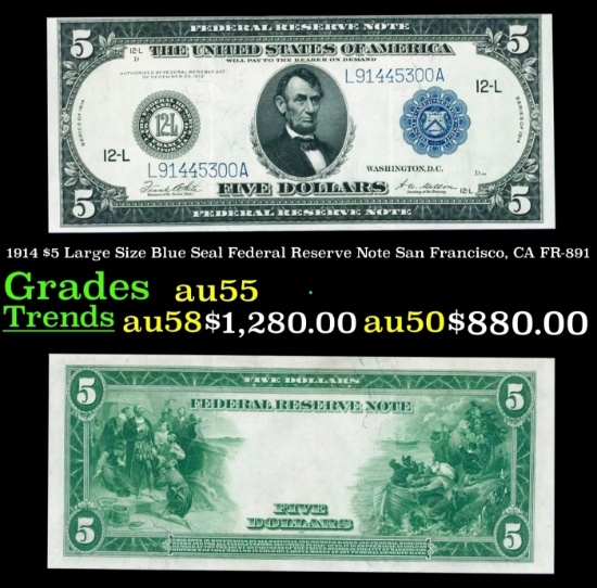 1914 $5 Large Size Blue Seal Federal Reserve Note San Francisco, CA Grades Choice AU FR-891