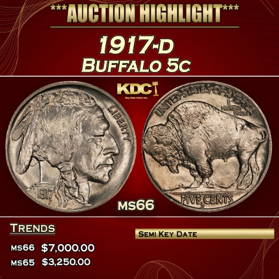 1917-d Buffalo Nickel 5c ms66 SEGS