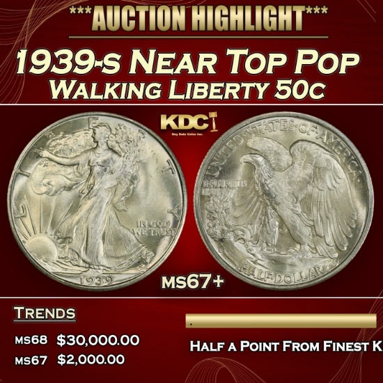 1939-s Walking Liberty Half Dollar Near Top Pop 50c ms67+ SEGS