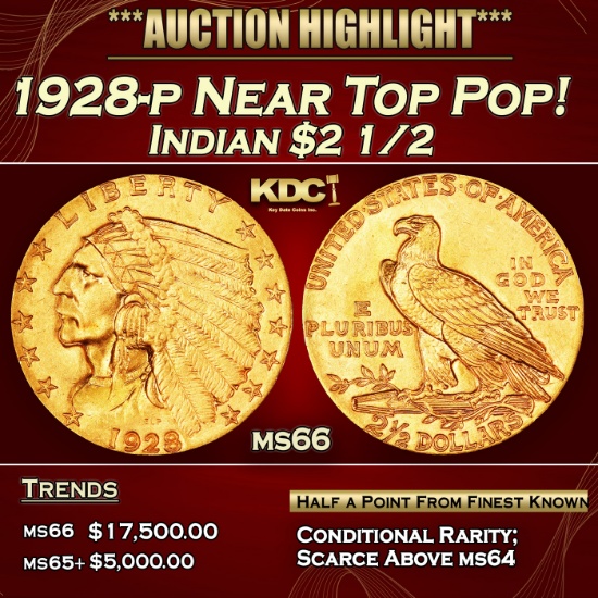 1928-p Gold Indian Quarter Eagle Near Top Pop! $2 1/2 ms66 USCG