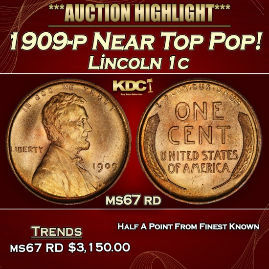 1909-p Lincoln Cent Near Top Pop! 1c ms67 rd SEGS
