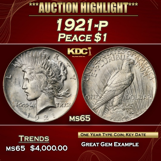 1921-p Peace Dollar $1 ms65 SEGS