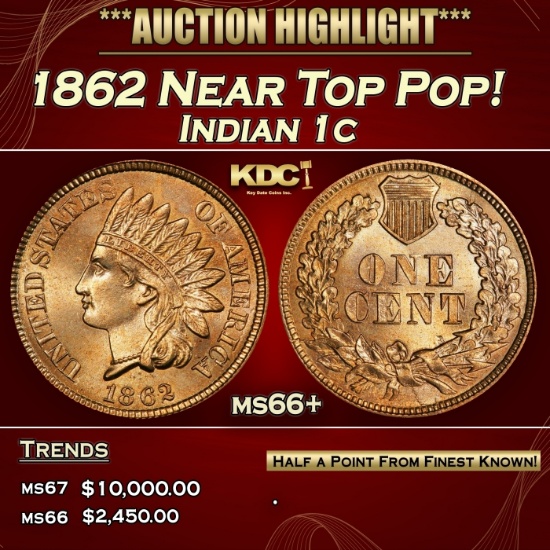1862 Indian Cent Near Top Pop! 1c ms66+ SEGS