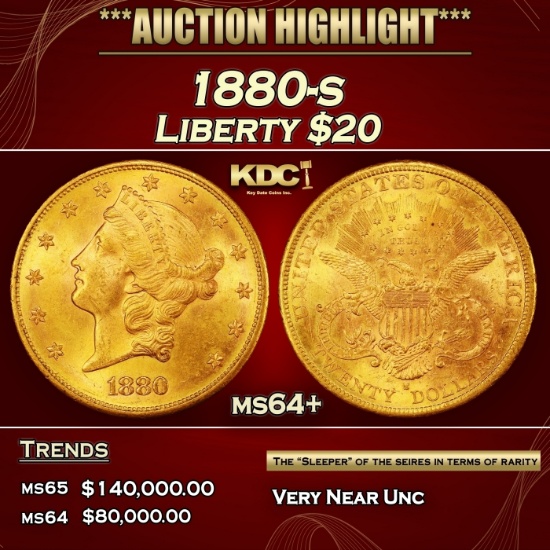 1880-s Gold Liberty Double Eagle $20 ms64+ SEGS