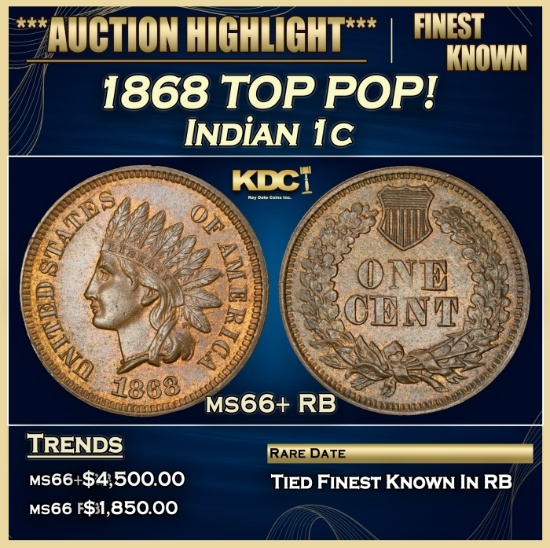 1868 Indian Cent TOP POP! 1c ms66+ RB SEGS
