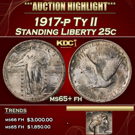 1917-p Ty II Standing Liberty Quarter 25c ms65+ fh SEGS