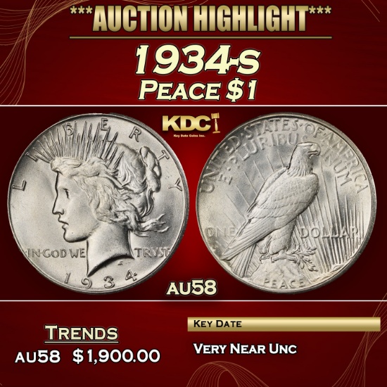 1934-s Peace Dollar $1 au58 SEGS
