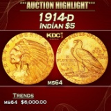 1914-d Gold Indian Half Eagle $5 ms64 USCG