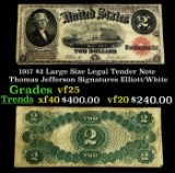 1917 $2 Large Size Legal Tender Note Thomas Jefferson Grades vf+ Signatures Elliott/White