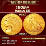 1908-p Gold Indian Half Eagle $5 ms64+ USCG