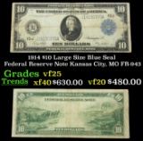 1914 $10 Large Size Blue Seal Federal Reserve Note Kansas City, MO Grades vf+ FR-943
