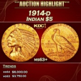1914-d Gold Indian Half Eagle $5 ms63+ USCG