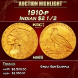 1910-p Gold Indian Quarter Eagle $2 1/2 ms65 SEGS
