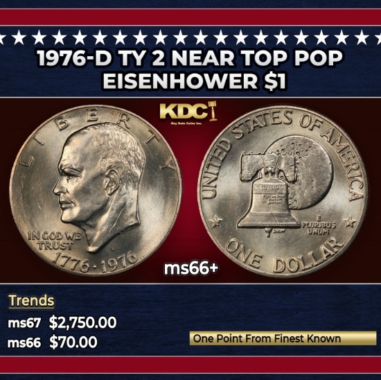 1976-d Ty 2 Eisenhower Dollar Near Top Pop $1 ms66+ SEGS