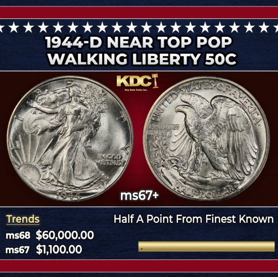1944-d Walking Liberty Half Dollar Near Top Pop 50c ms67+ SEGS