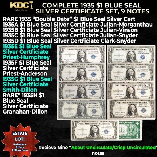 Complete 1935 $1 Blue Seal Silver Certificate Set, 9 Notes 1935-1935H, Including Rare Double Date No