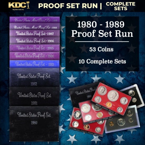 1980-1989 Full Decade Proof Set Run - 53 Coins, 10 Complete Sets
