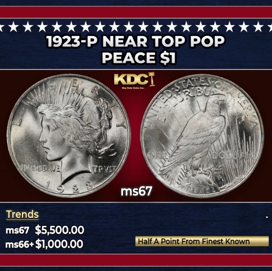 1923-p Peace Dollar Near Top Pop $1 ms67 SEGS