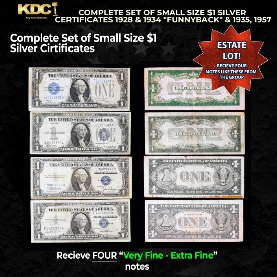 COMPLETE Set of Small Size $1  Silver Certificates 1928 & 1934 "Funnyback" & 1935, 1957 Grades VF/XF