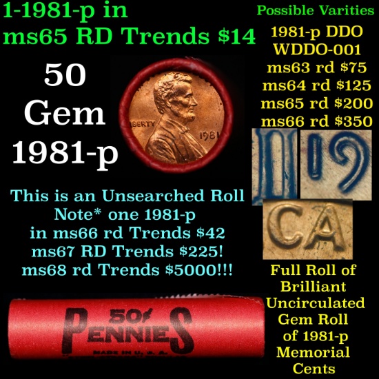 BU Shotgun Lincoln 1c roll, 1981-p 50 pcs Bank Wrapper 50c