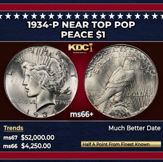 1934-p Peace Dollar Near Top Pop $1 ms66+ SEGS