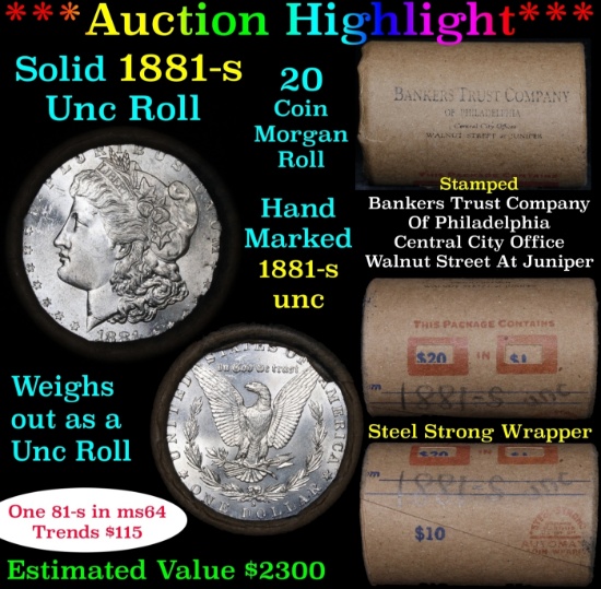 Full solid date 1881-s Uncirculated Morgan silver dollar roll, 20 coins