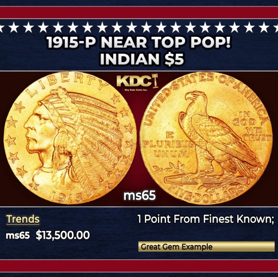 1915-p Gold Indian Half Eagle Near Top Pop! $5 ms65 USCG
