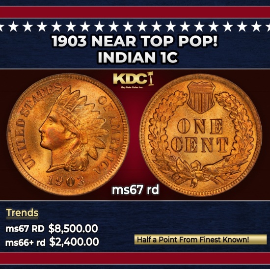 1903 Indian Cent Near Top Pop! 1c ms67 rd SEGS