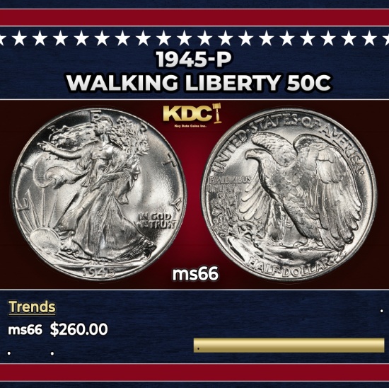 1945-p Walking Liberty Half Dollar 50c Grades ms66