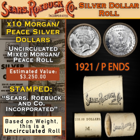 OE- 10 UNC Morgan/Peace Silver Dollar Roll SEARS 1921 Peace/Morgan 'P' Rev End