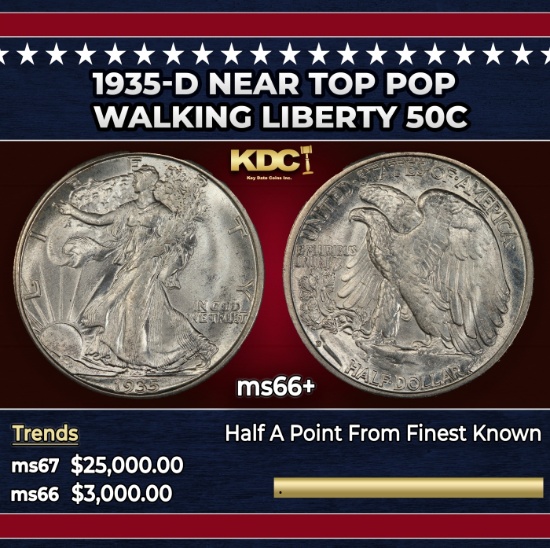 1935-d Walking Liberty Half Dollar Near Top Pop 50c ms66+ SEGS