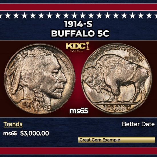 1914-s Buffalo Nickel 5c ms65 SEGS