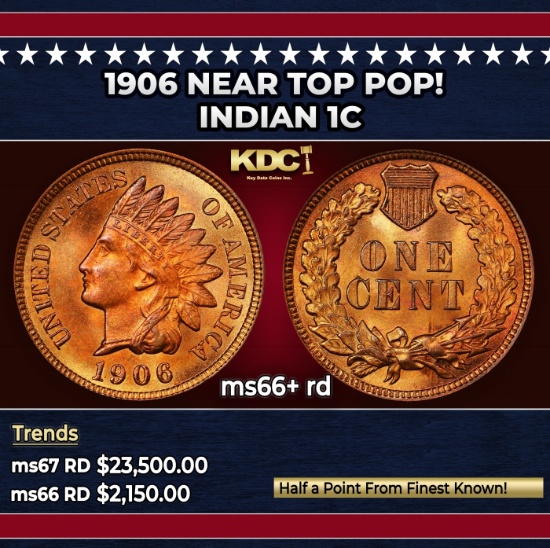 1906 Indian Cent Near Top Pop! 1c ms66+ rd SEGS