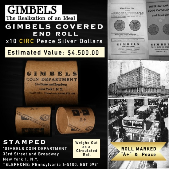 AE- Rare A+ Level GIMBLES 10 Coin Peace Circ Dollar $1 Roll