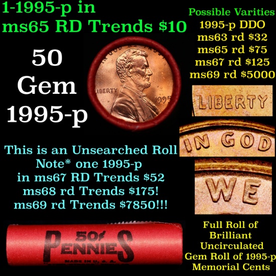 BU Shotgun Lincoln 1c roll, 1995-p 50 pcs Bank Wrapper 50c