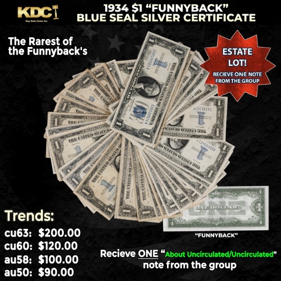 1x 1934 $1 Funnyback Blue Seal Silver Certificate Grades AU/CU