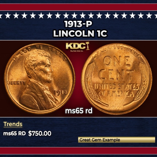 1913-p Lincoln Cent 1c Grades ms65 rd
