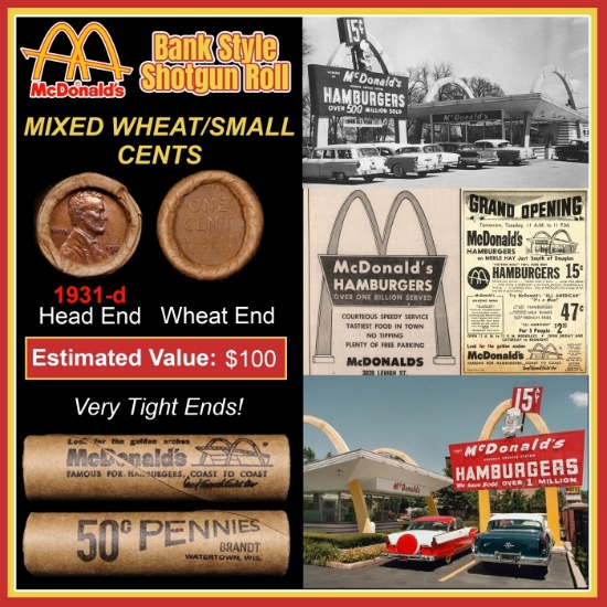 Lincoln Wheat Cent 1c Mixed Roll Orig Brandt McDonalds Wrapper, 1931-d end, Wheat other end