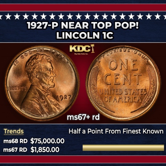 1927-p Lincoln Cent Near Top Pop! 1c ms67+ rd SEGS