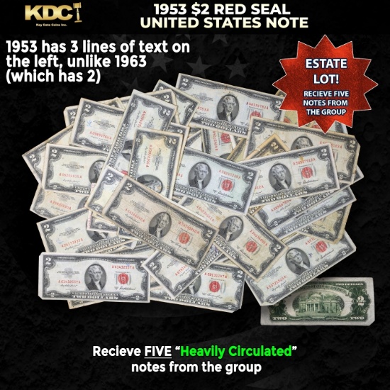 5x 1953 $2 Red Seal United States Note Heavily Circulated